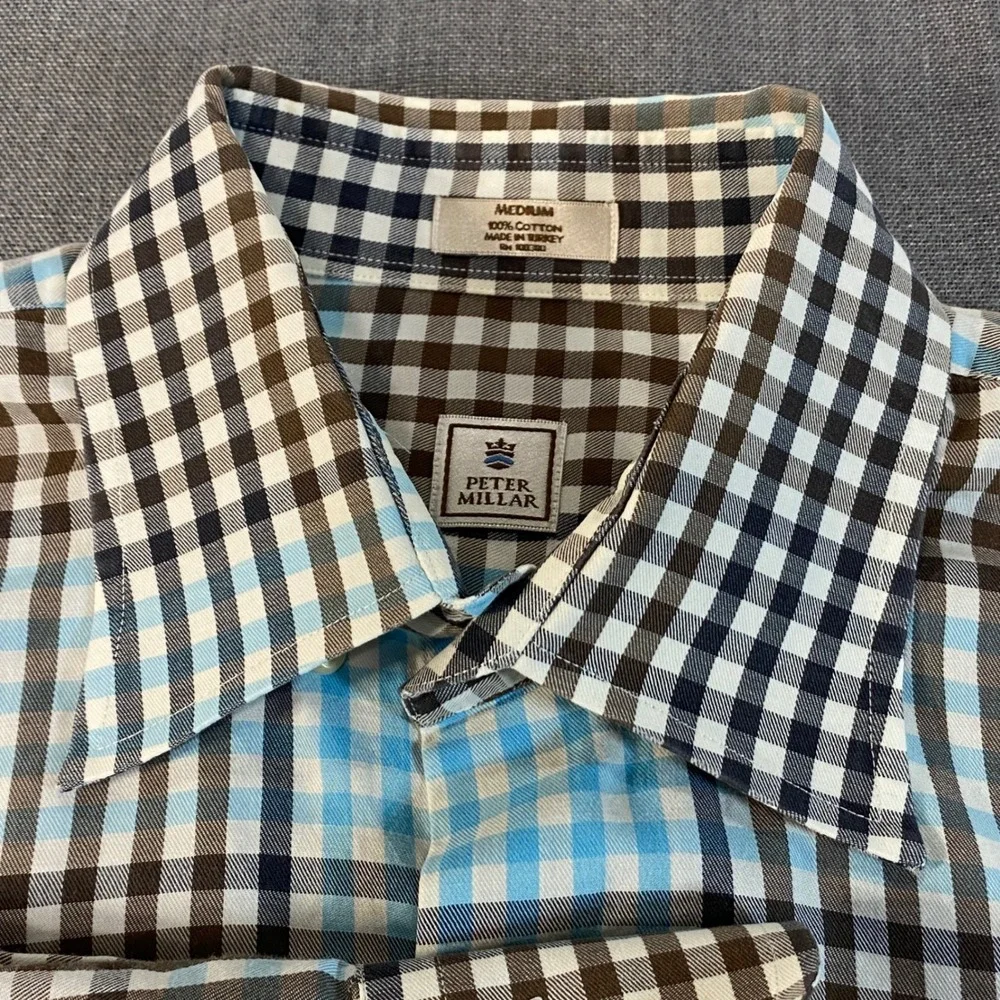 Peter Millar Mens Medium‎ Gingham Check Button Down Shirt Brown Blue Cotton